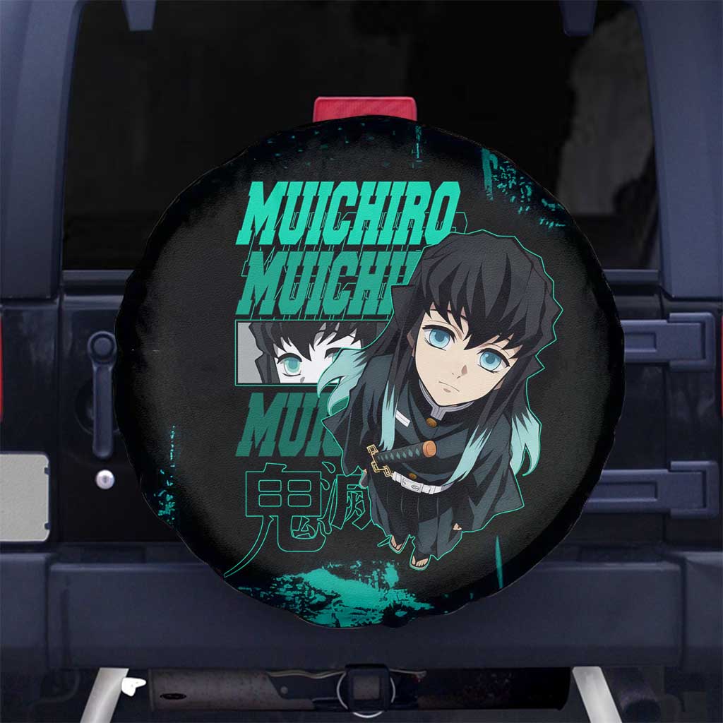 Muichiro Tokito Demon Slayer Green and Black Grunge Style Spare Tire Cover with Mist Hashira Eyes and Bold Typography - The Mazicc