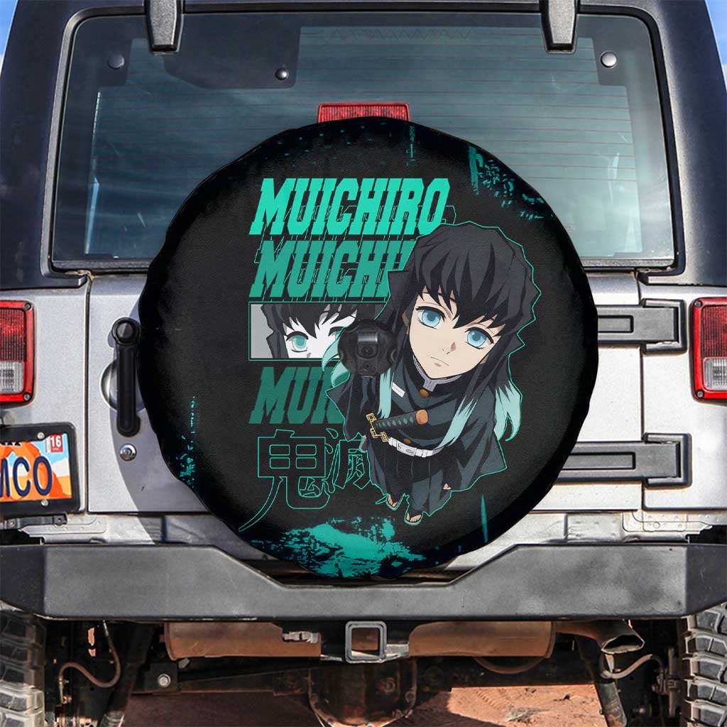 Muichiro Tokito Demon Slayer Green and Black Grunge Style Spare Tire Cover with Mist Hashira Eyes and Bold Typography - The Mazicc