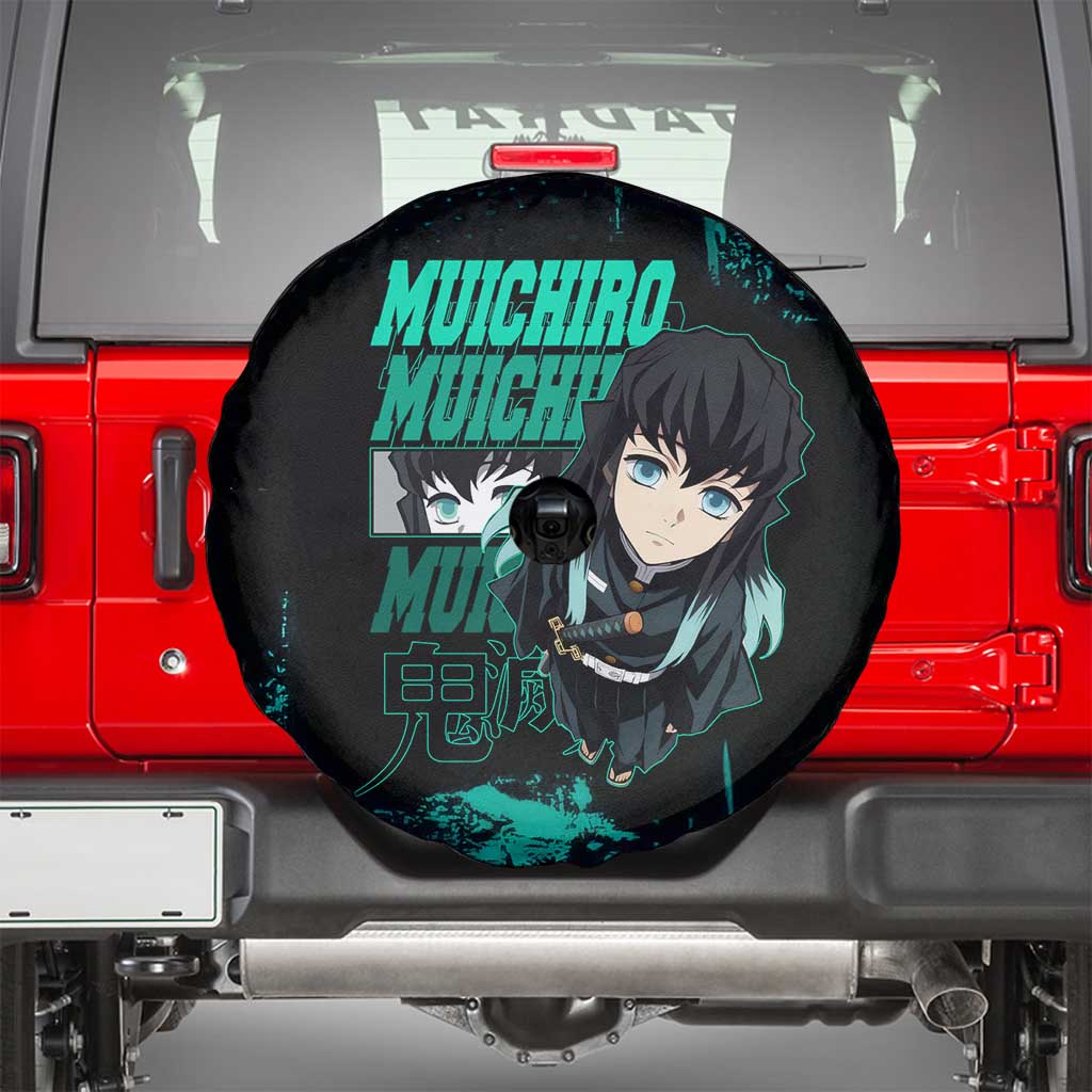 Muichiro Tokito Demon Slayer Green and Black Grunge Style Spare Tire Cover with Mist Hashira Eyes and Bold Typography - The Mazicc