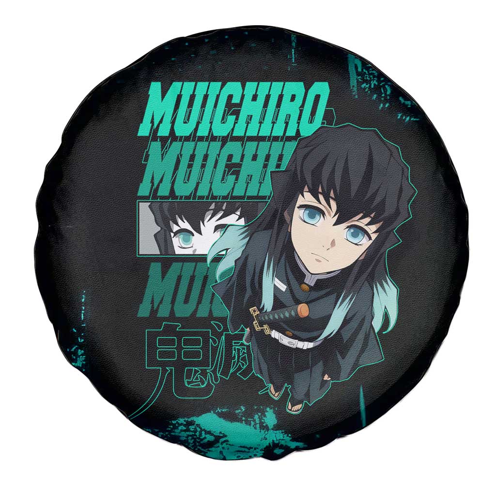 Muichiro Tokito Demon Slayer Green and Black Grunge Style Spare Tire Cover with Mist Hashira Eyes and Bold Typography - The Mazicc
