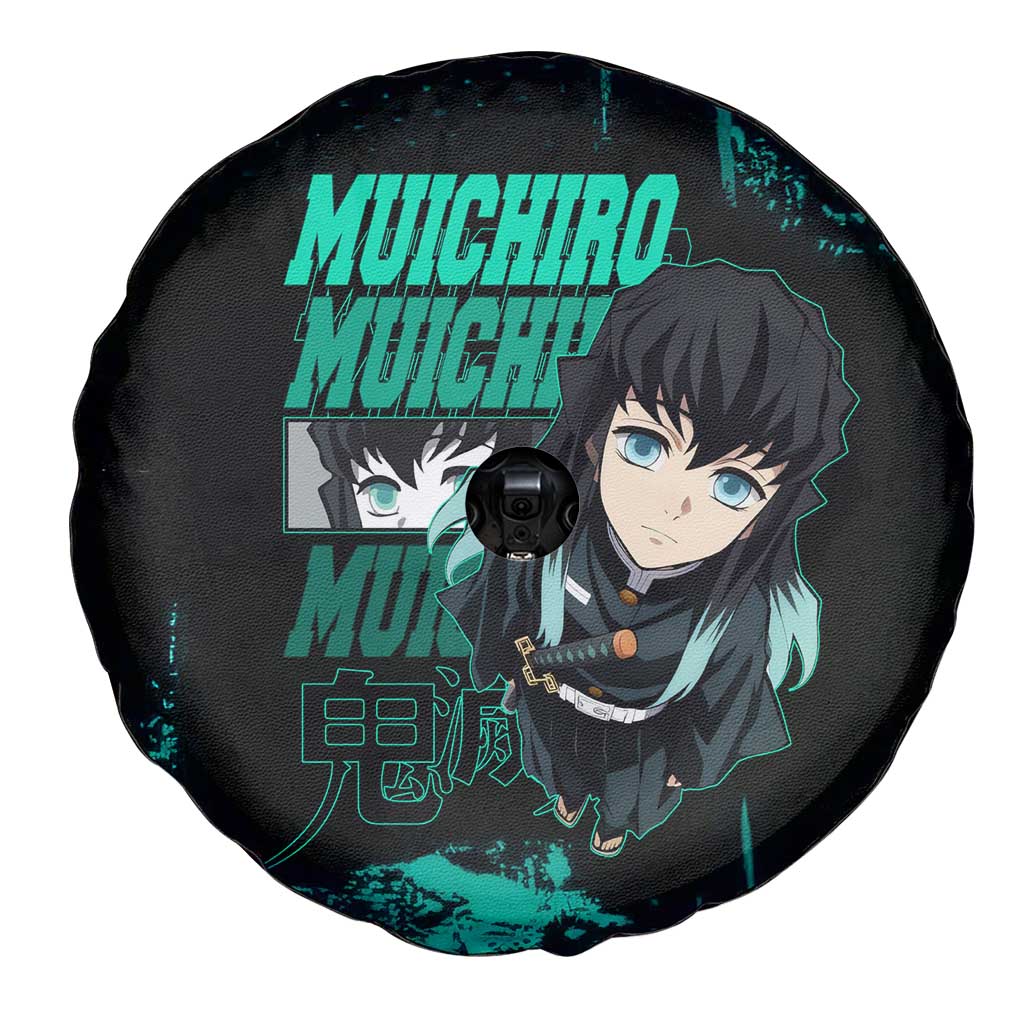 Muichiro Tokito Demon Slayer Green and Black Grunge Style Spare Tire Cover with Mist Hashira Eyes and Bold Typography - The Mazicc