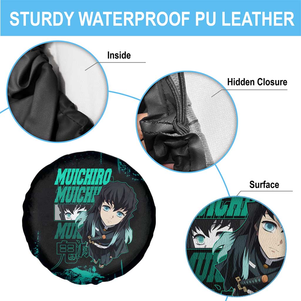 Muichiro Tokito Demon Slayer Green and Black Grunge Style Spare Tire Cover with Mist Hashira Eyes and Bold Typography - The Mazicc