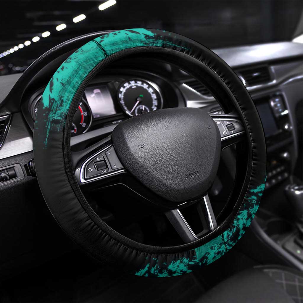 Muichiro Tokito Demon Slayer Green and Black Grunge Style Steering Wheel Cover with Mist Hashira Eyes and Bold Typography - The Mazicc