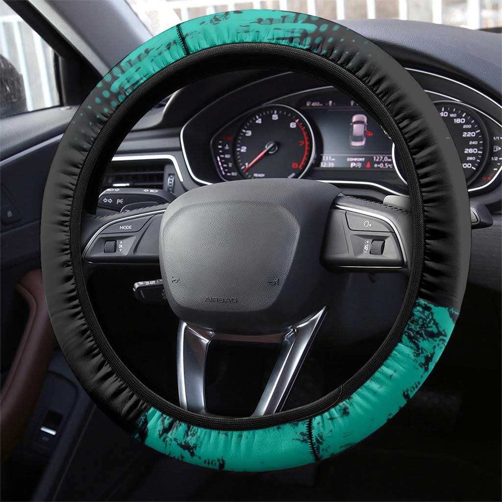 Muichiro Tokito Demon Slayer Green and Black Grunge Style Steering Wheel Cover with Mist Hashira Eyes and Bold Typography - The Mazicc