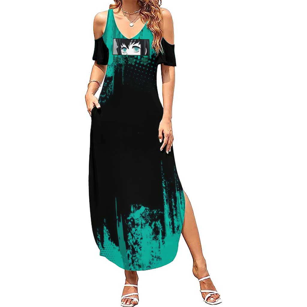 Muichiro Tokito Demon Slayer Green and Black Grunge Style Summer Maxi Dress with Mist Hashira Eyes and Bold Typography - The Mazicc