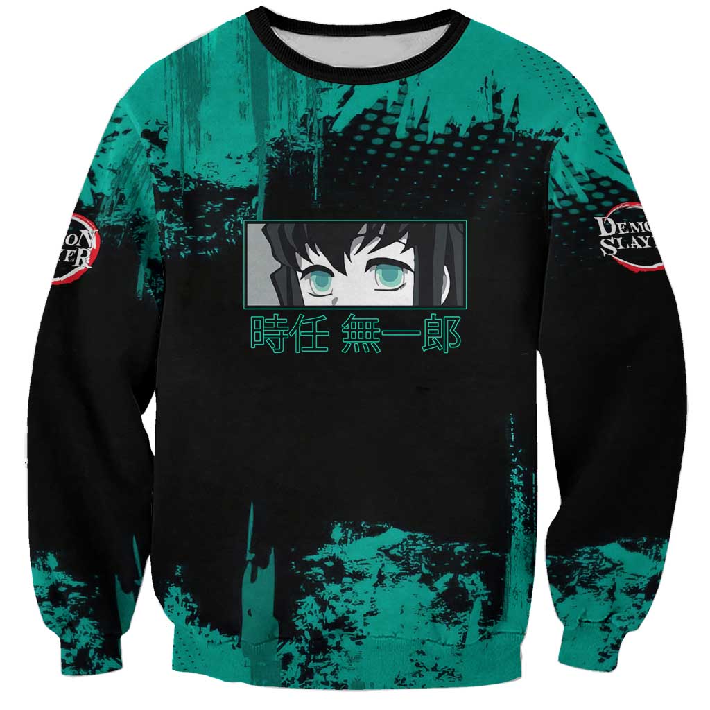 Muichiro Tokito Demon Slayer Green and Black Grunge Style Sweatshirt with Mist Hashira Eyes and Bold Typography - The Mazicc