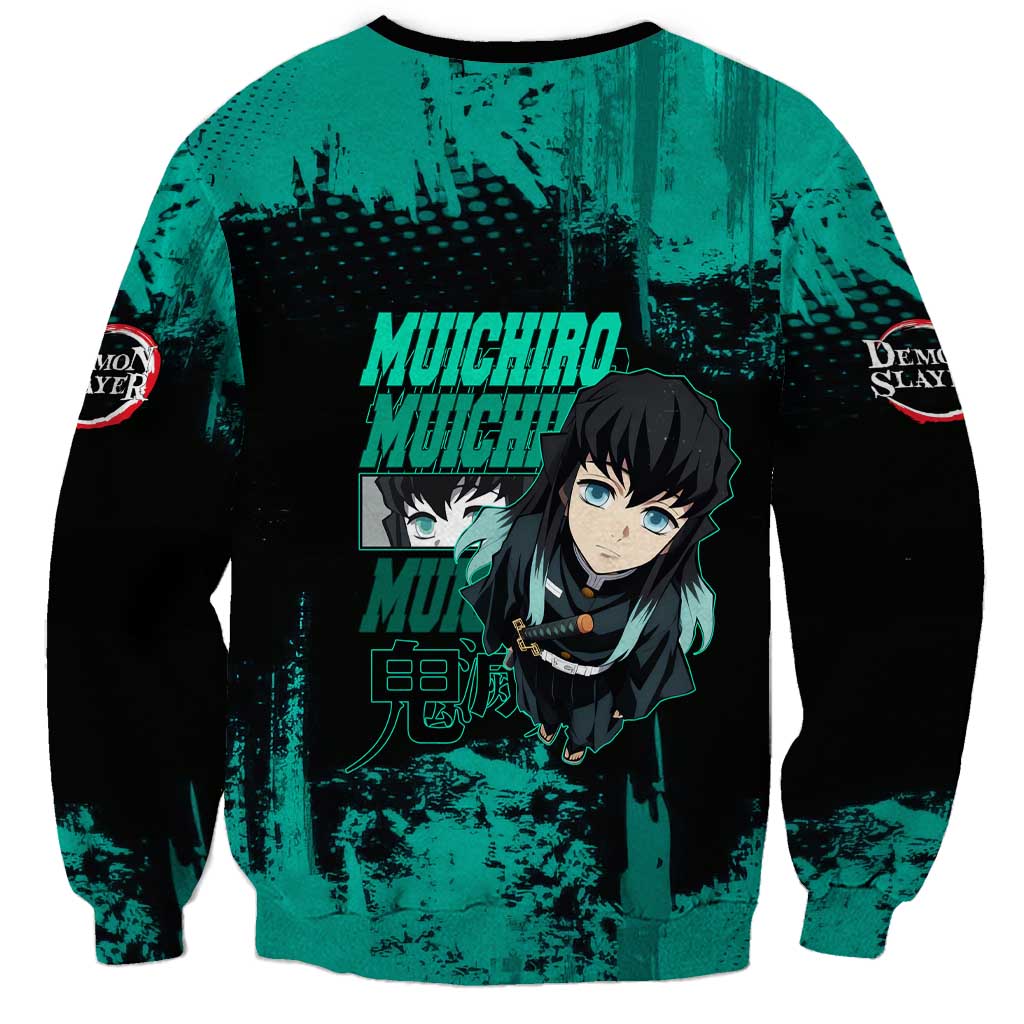 Muichiro Tokito Demon Slayer Green and Black Grunge Style Sweatshirt with Mist Hashira Eyes and Bold Typography - The Mazicc