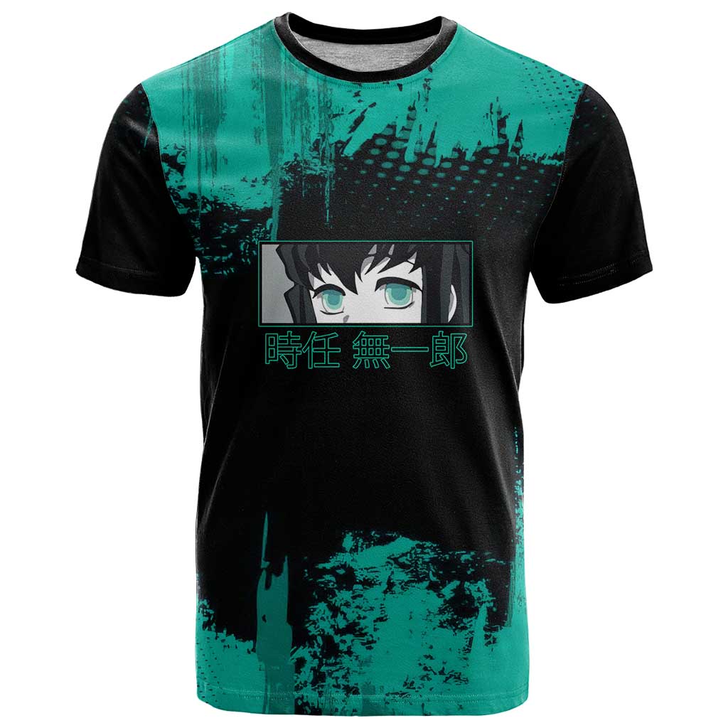 Muichiro Tokito Demon Slayer Green and Black Grunge Style T Shirt with Mist Hashira Eyes and Bold Typography - The Mazicc