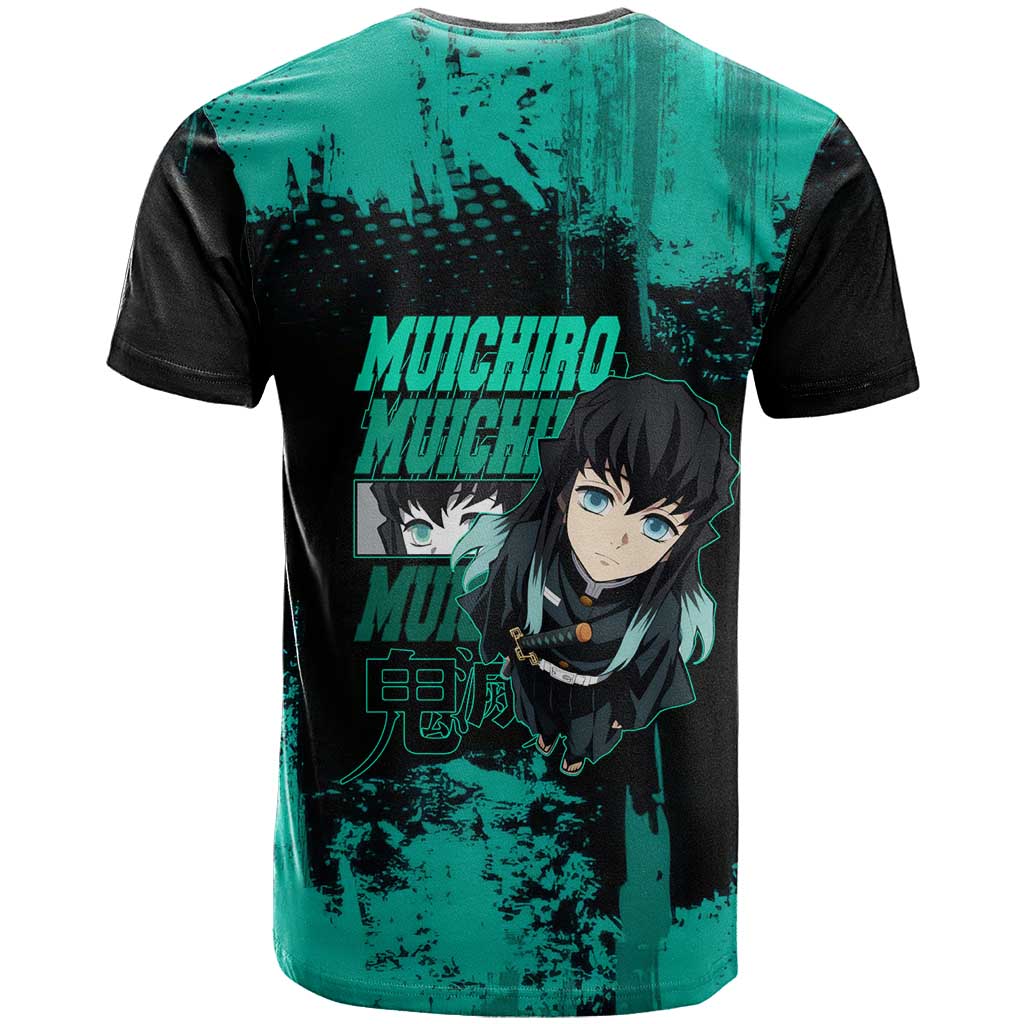 Muichiro Tokito Demon Slayer Green and Black Grunge Style T Shirt with Mist Hashira Eyes and Bold Typography - The Mazicc