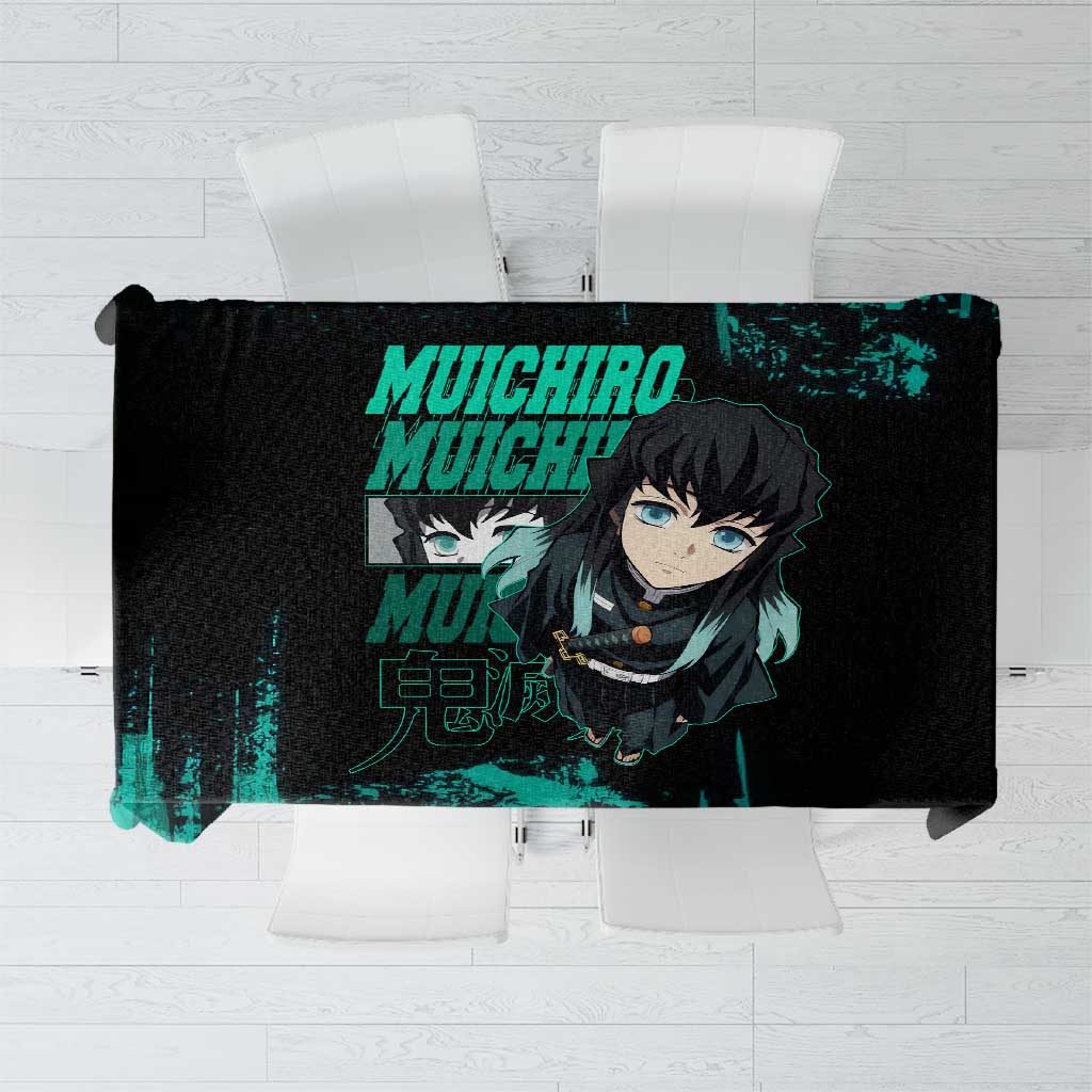 Muichiro Tokito Demon Slayer Green and Black Grunge Style Tablecloth with Mist Hashira Eyes and Bold Typography - The Mazicc