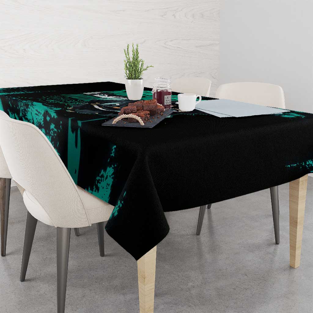 Muichiro Tokito Demon Slayer Green and Black Grunge Style Tablecloth with Mist Hashira Eyes and Bold Typography - The Mazicc