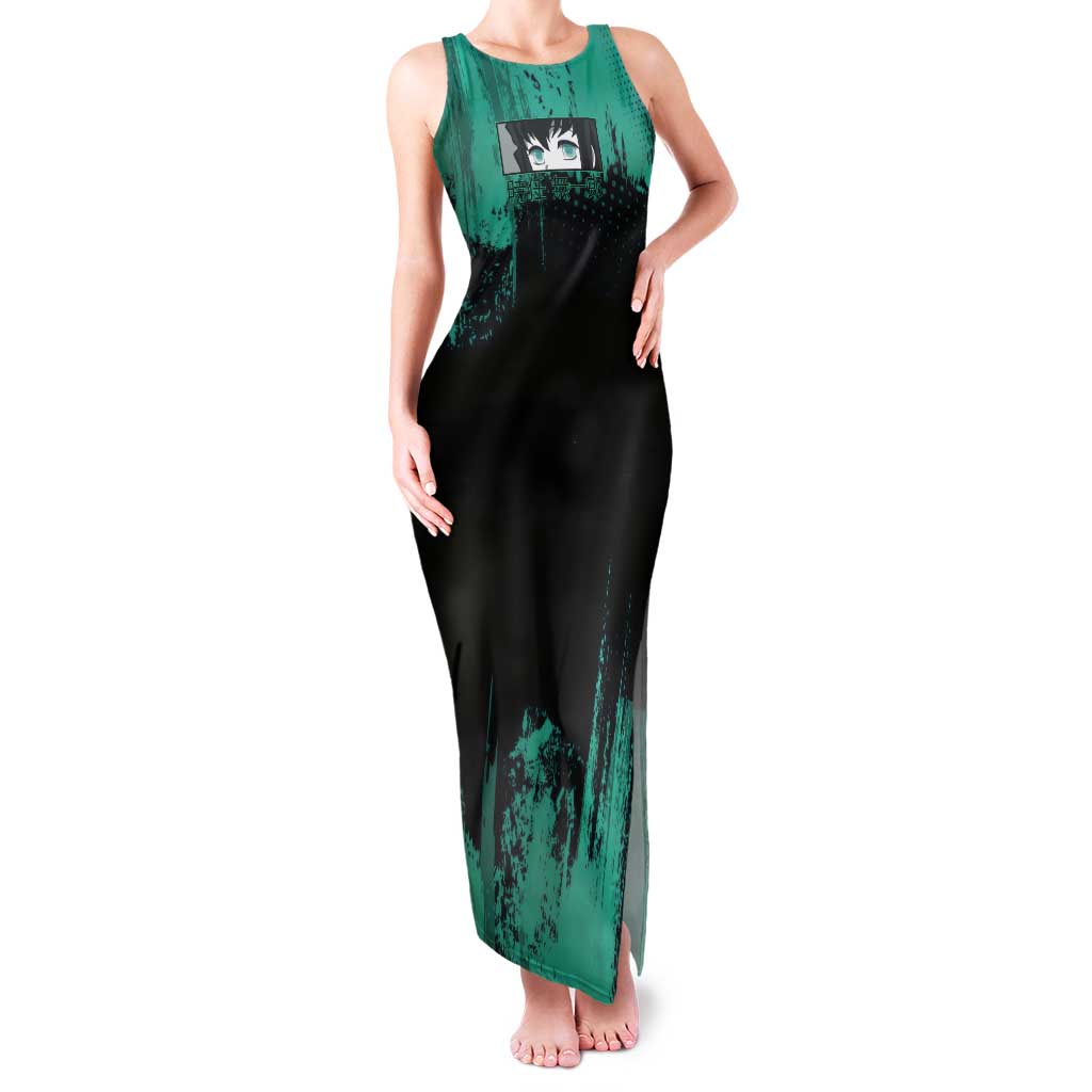 Muichiro Tokito Demon Slayer Green and Black Grunge Style Tank Maxi Dress with Mist Hashira Eyes and Bold Typography - The Mazicc