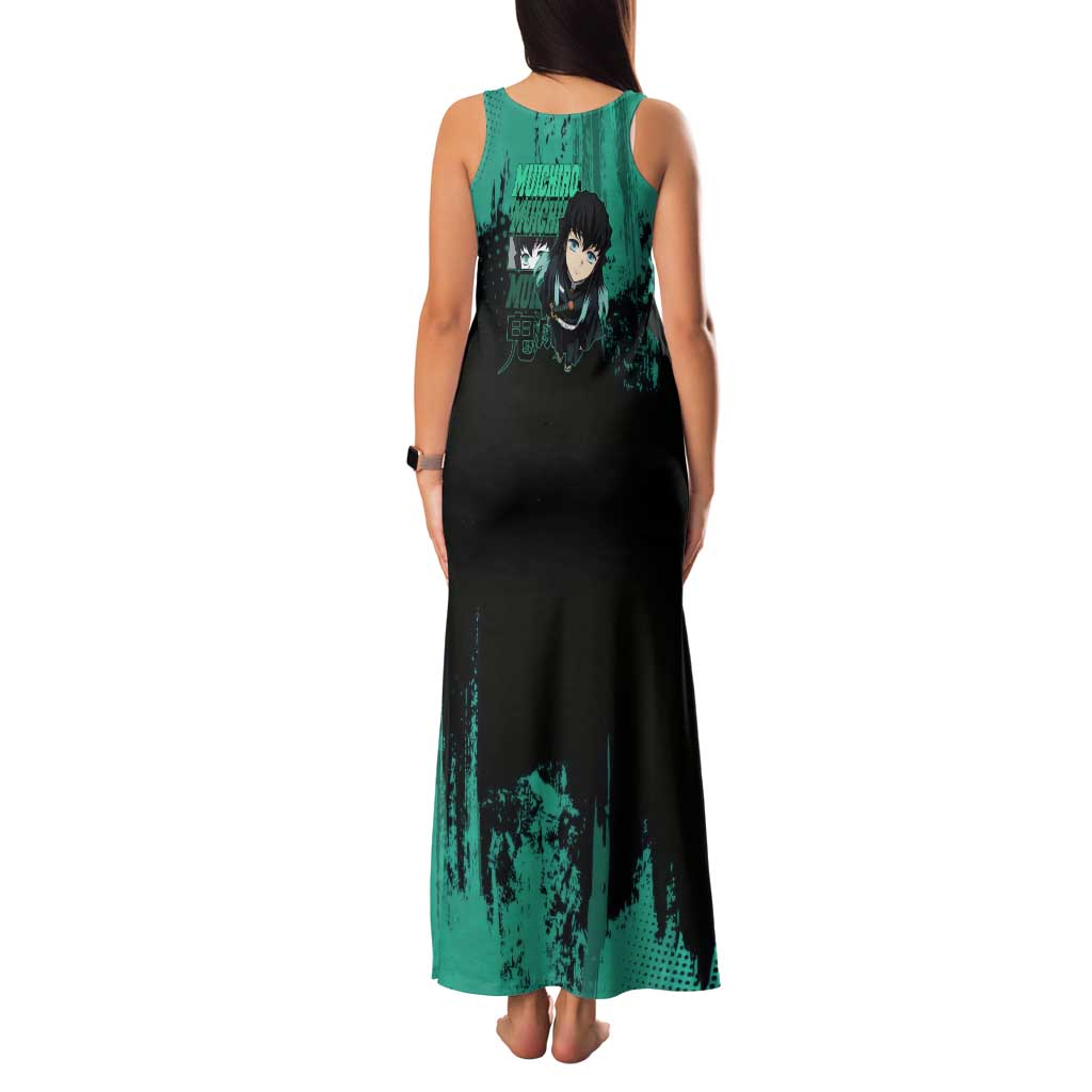 Muichiro Tokito Demon Slayer Green and Black Grunge Style Tank Maxi Dress with Mist Hashira Eyes and Bold Typography - The Mazicc