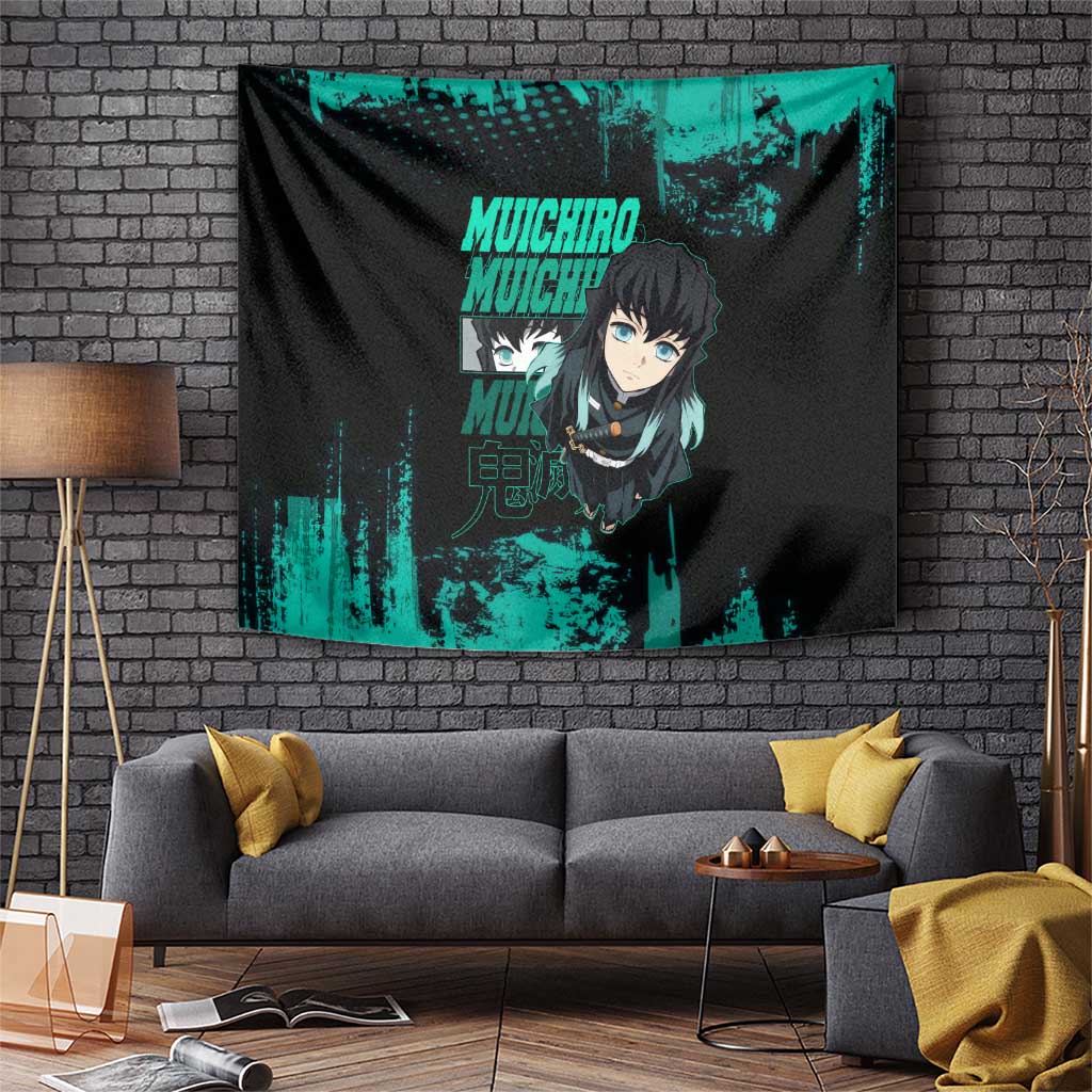 Muichiro Tokito Demon Slayer Green and Black Grunge Style Tapestry with Mist Hashira Eyes and Bold Typography - The Mazicc