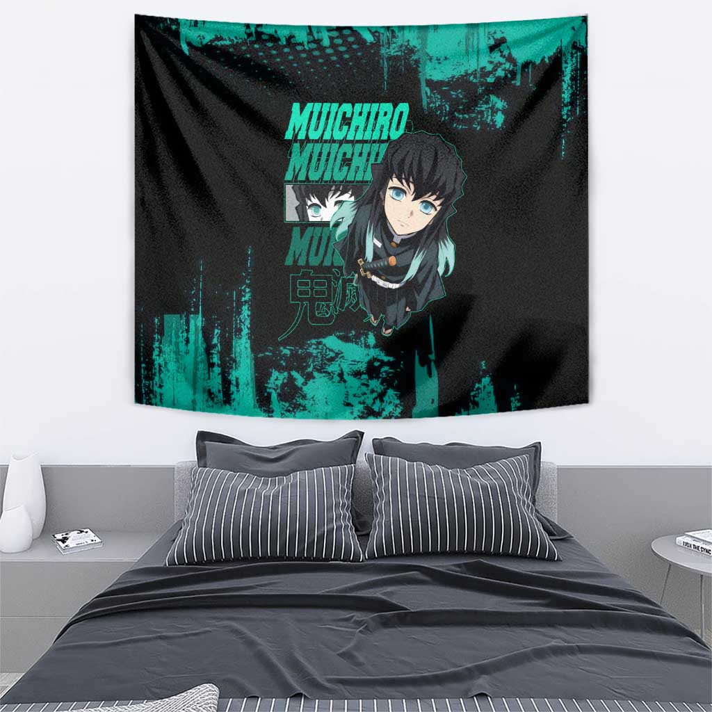 Muichiro Tokito Demon Slayer Green and Black Grunge Style Tapestry with Mist Hashira Eyes and Bold Typography - The Mazicc