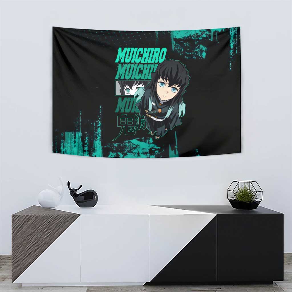 Muichiro Tokito Demon Slayer Green and Black Grunge Style Tapestry with Mist Hashira Eyes and Bold Typography - The Mazicc