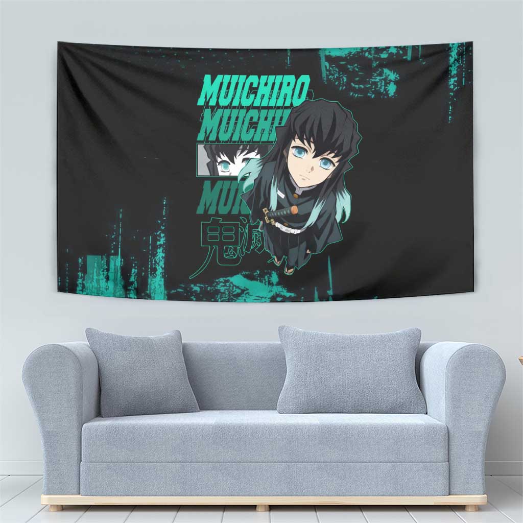 Muichiro Tokito Demon Slayer Green and Black Grunge Style Tapestry with Mist Hashira Eyes and Bold Typography - The Mazicc