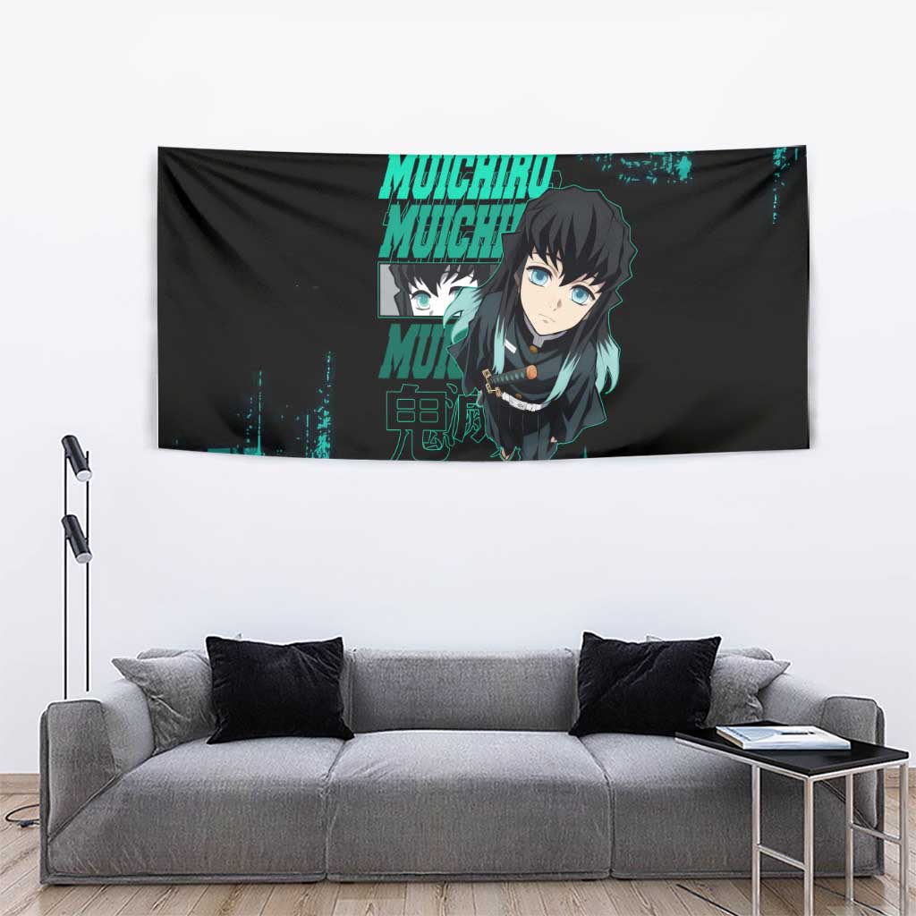 Muichiro Tokito Demon Slayer Green and Black Grunge Style Tapestry with Mist Hashira Eyes and Bold Typography - The Mazicc