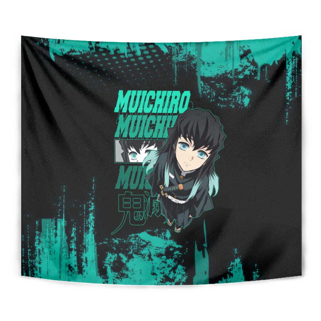 Muichiro Tokito Demon Slayer Green and Black Grunge Style Tapestry with Mist Hashira Eyes and Bold Typography - The Mazicc