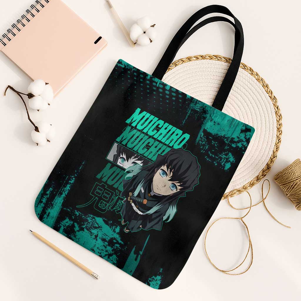 Muichiro Tokito Demon Slayer Green and Black Grunge Style Tote Bag with Mist Hashira Eyes and Bold Typography - The Mazicc