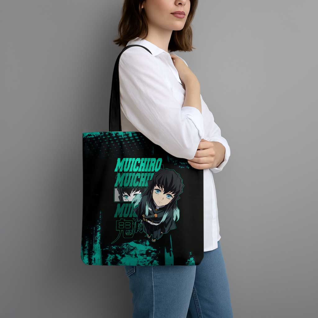 Muichiro Tokito Demon Slayer Green and Black Grunge Style Tote Bag with Mist Hashira Eyes and Bold Typography - The Mazicc