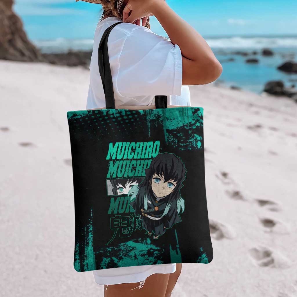 Muichiro Tokito Demon Slayer Green and Black Grunge Style Tote Bag with Mist Hashira Eyes and Bold Typography - The Mazicc