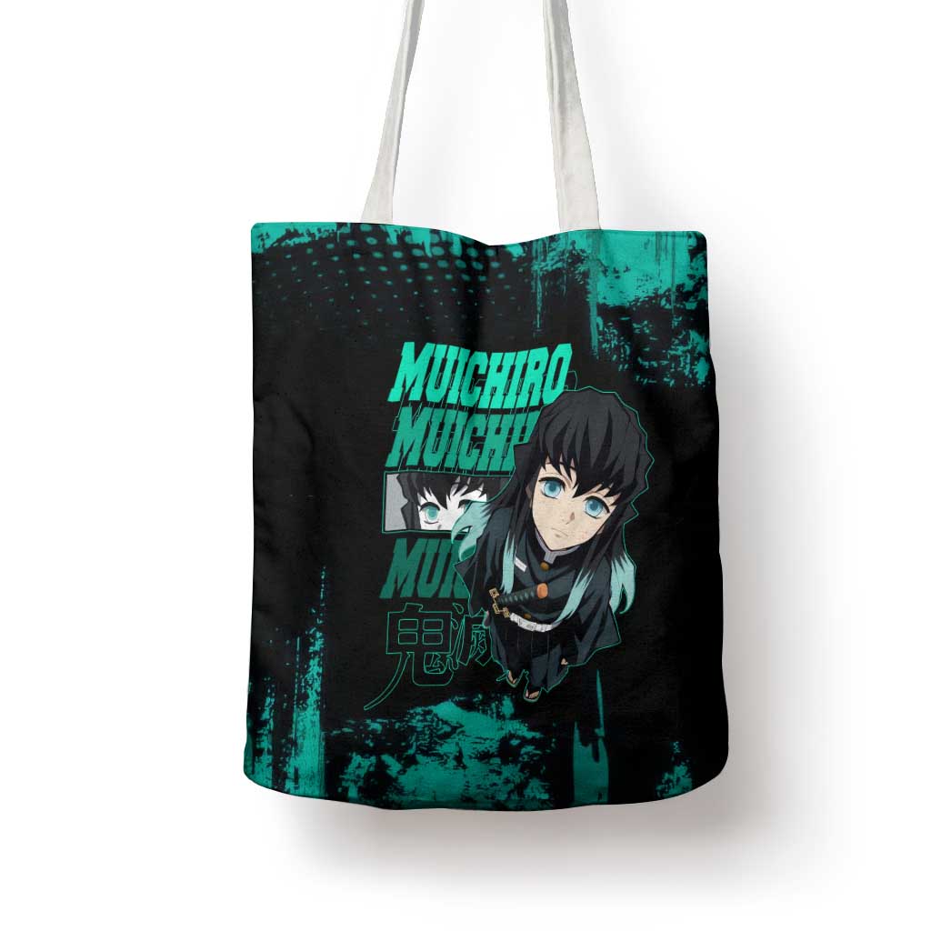Muichiro Tokito Demon Slayer Green and Black Grunge Style Tote Bag with Mist Hashira Eyes and Bold Typography - The Mazicc