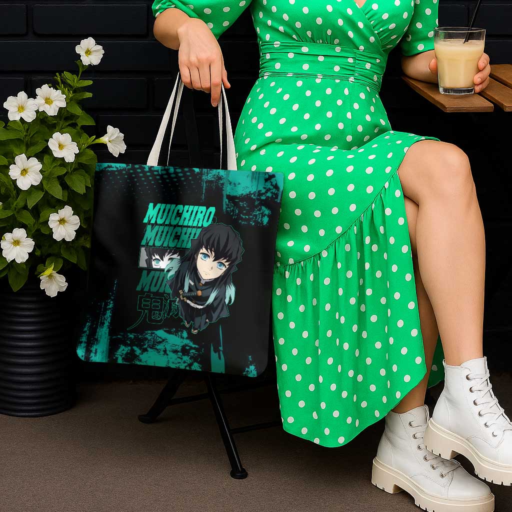 Muichiro Tokito Demon Slayer Green and Black Grunge Style Tote Bag with Mist Hashira Eyes and Bold Typography - The Mazicc