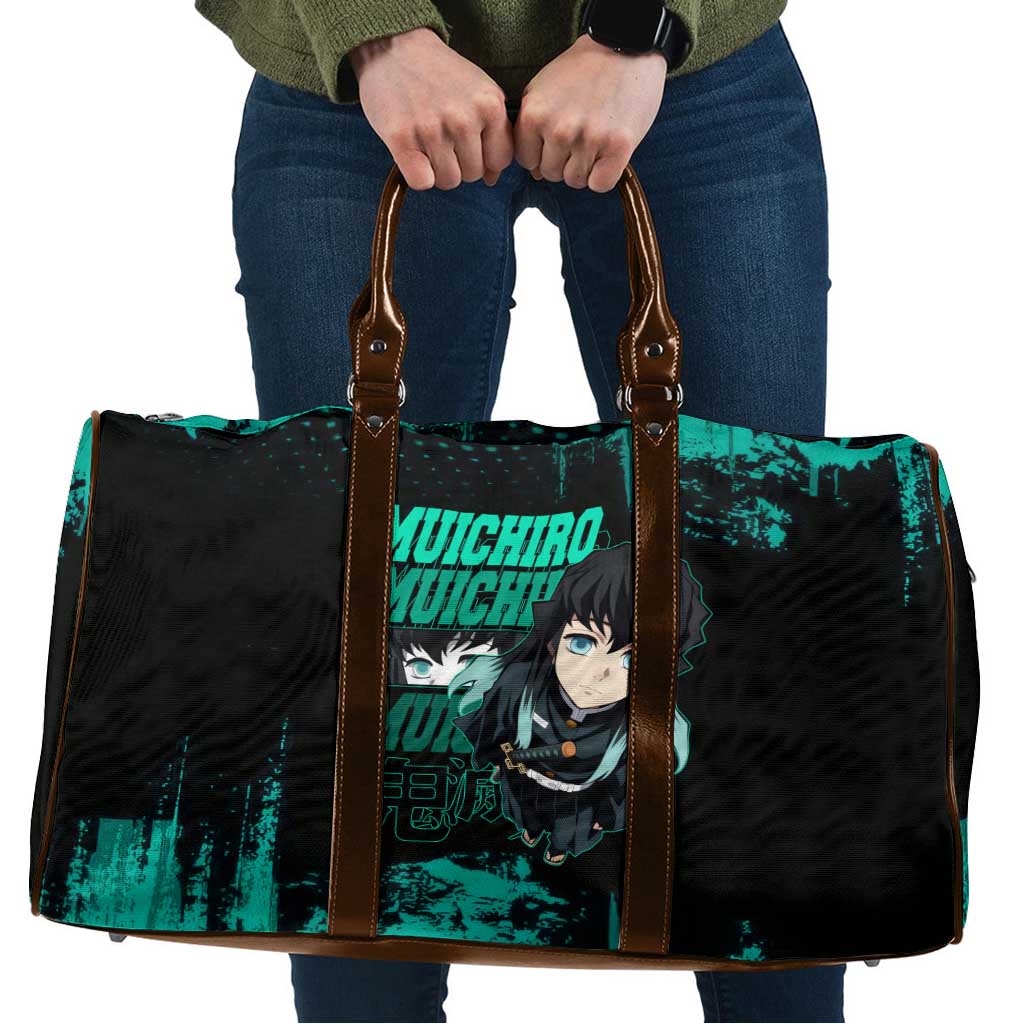 Muichiro Tokito Demon Slayer Green and Black Grunge Style Travel Bag with Mist Hashira Eyes and Bold Typography - The Mazicc