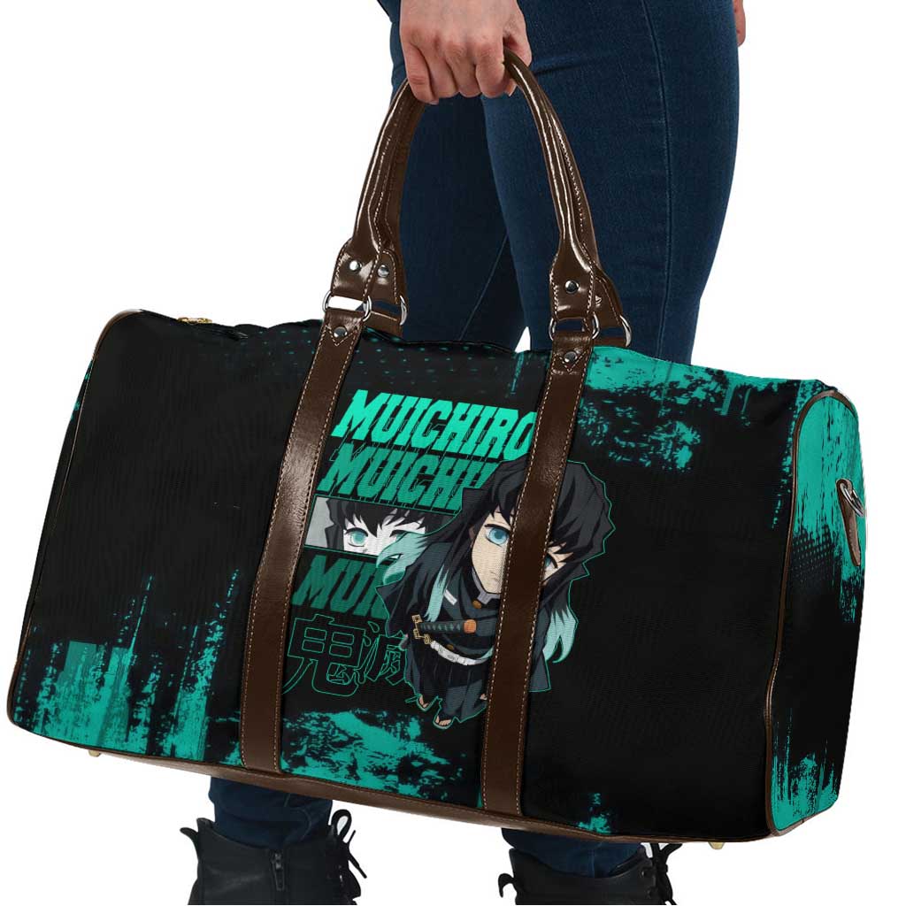 Muichiro Tokito Demon Slayer Green and Black Grunge Style Travel Bag with Mist Hashira Eyes and Bold Typography - The Mazicc