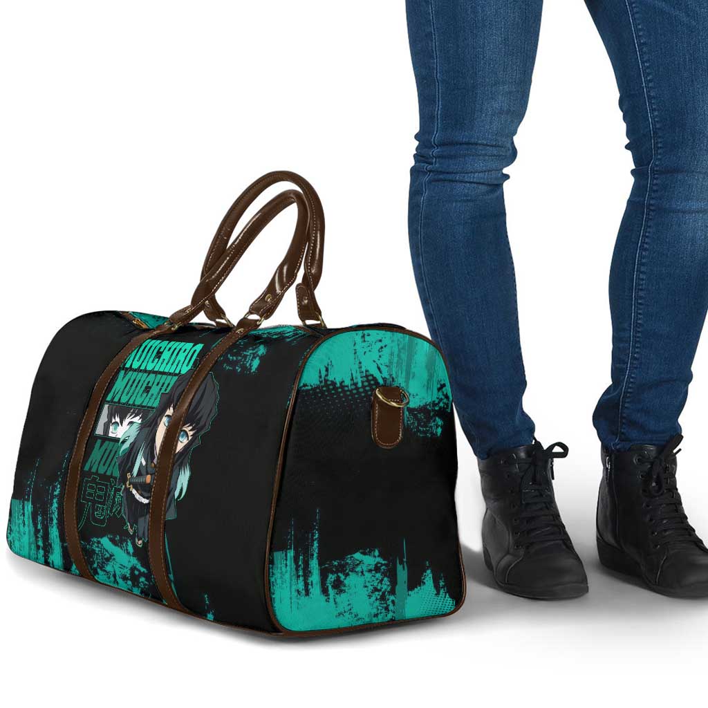 Muichiro Tokito Demon Slayer Green and Black Grunge Style Travel Bag with Mist Hashira Eyes and Bold Typography - The Mazicc