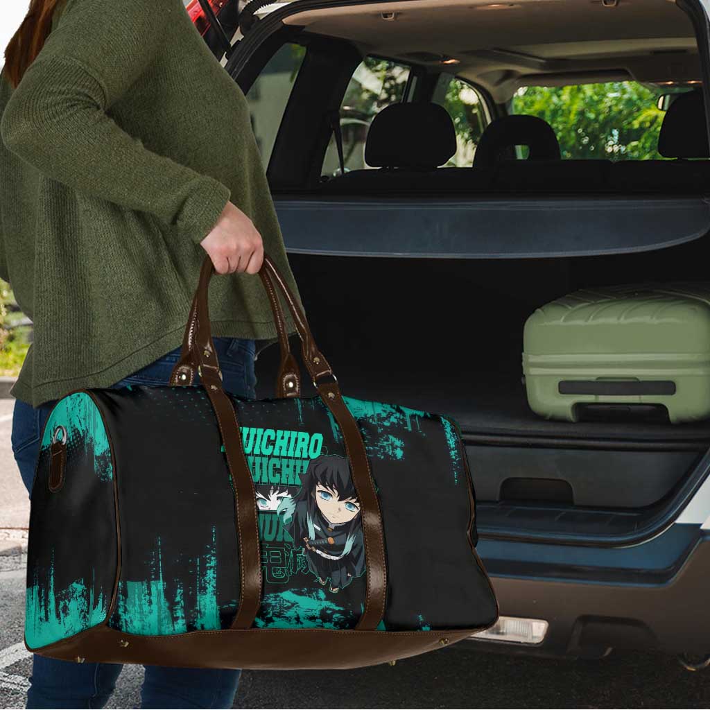 Muichiro Tokito Demon Slayer Green and Black Grunge Style Travel Bag with Mist Hashira Eyes and Bold Typography - The Mazicc