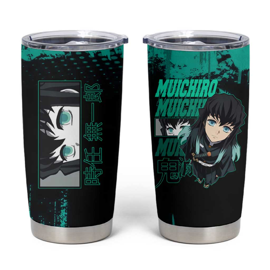 Muichiro Tokito Demon Slayer Green and Black Grunge Style Tumbler Cup with Mist Hashira Eyes and Bold Typography - The Mazicc