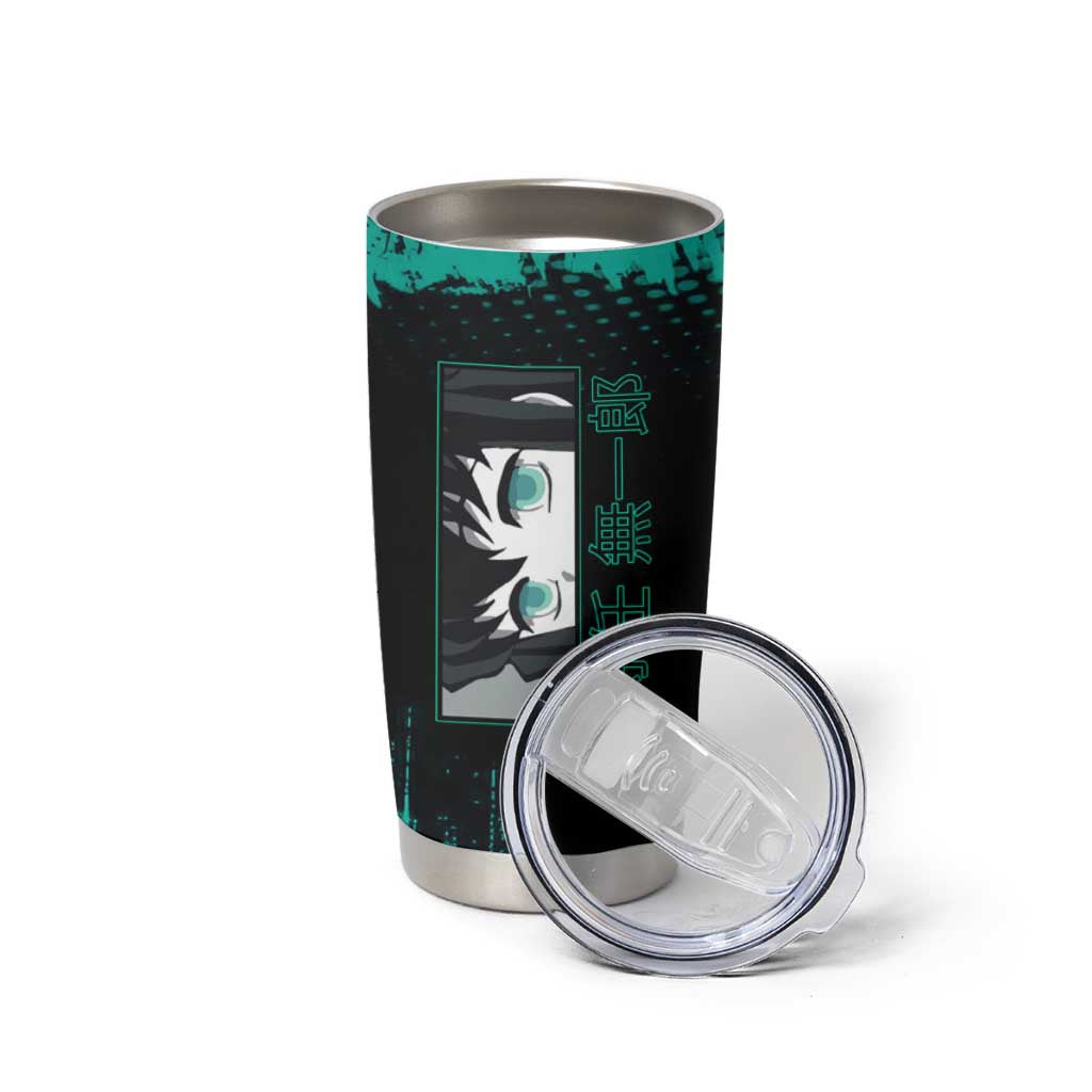 Muichiro Tokito Demon Slayer Green and Black Grunge Style Tumbler Cup with Mist Hashira Eyes and Bold Typography - The Mazicc
