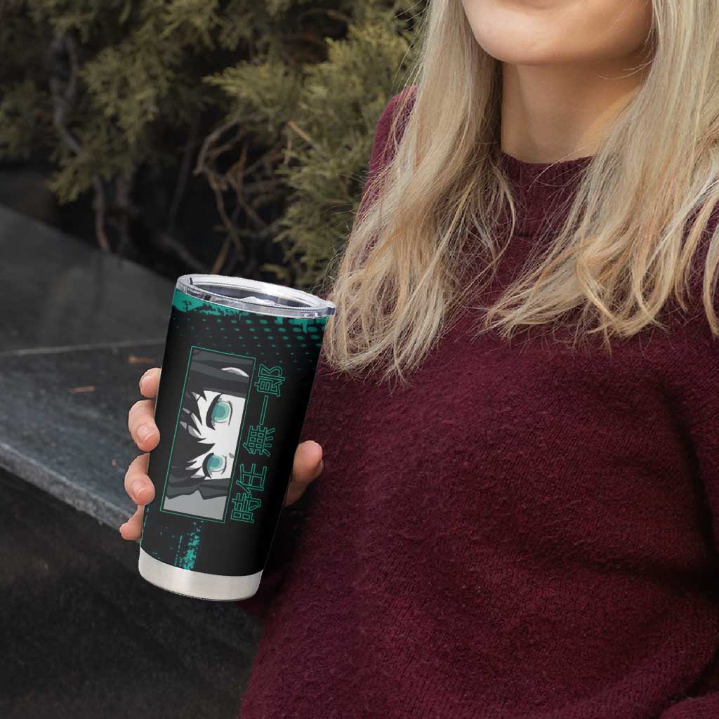 Muichiro Tokito Demon Slayer Green and Black Grunge Style Tumbler Cup with Mist Hashira Eyes and Bold Typography - The Mazicc