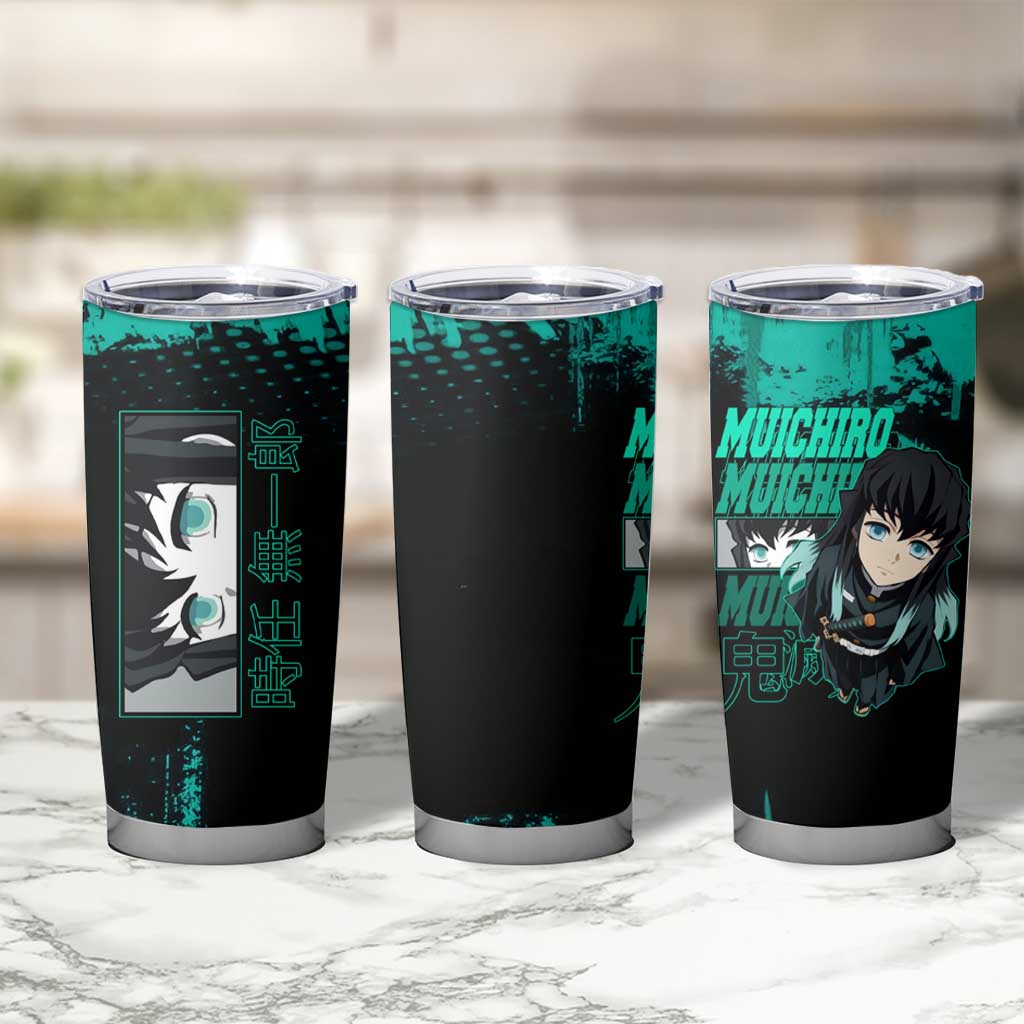 Muichiro Tokito Demon Slayer Green and Black Grunge Style Tumbler Cup with Mist Hashira Eyes and Bold Typography - The Mazicc