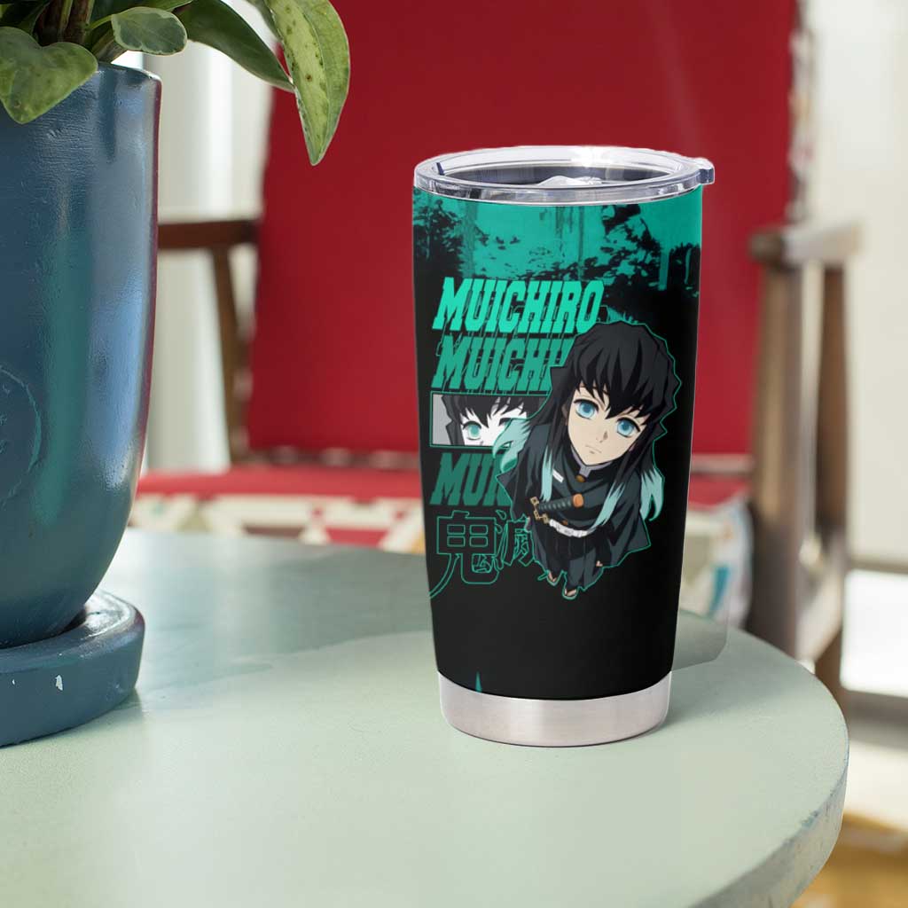 Muichiro Tokito Demon Slayer Green and Black Grunge Style Tumbler Cup with Mist Hashira Eyes and Bold Typography - The Mazicc
