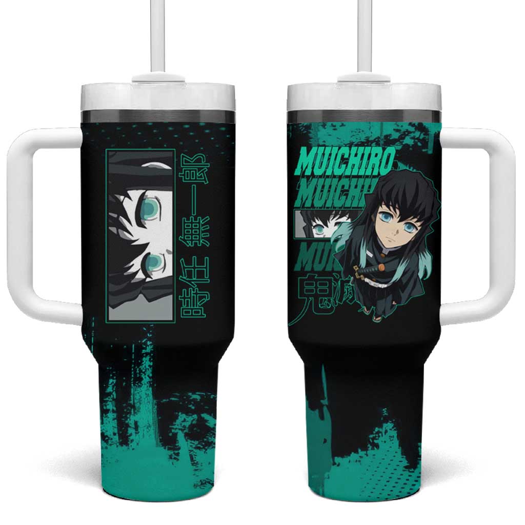 Muichiro Tokito Demon Slayer Green and Black Grunge Style Tumbler With Handle with Mist Hashira Eyes and Bold Typography - The Mazicc