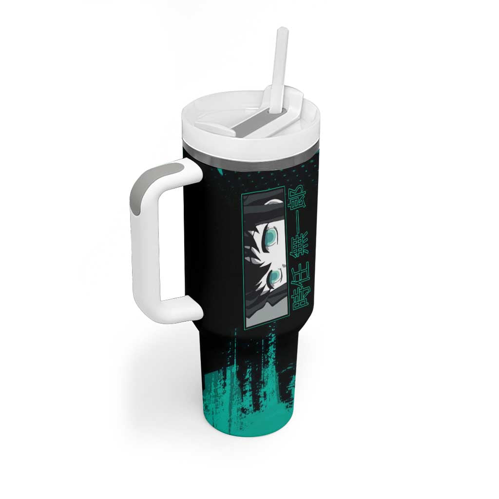 Muichiro Tokito Demon Slayer Green and Black Grunge Style Tumbler With Handle with Mist Hashira Eyes and Bold Typography - The Mazicc