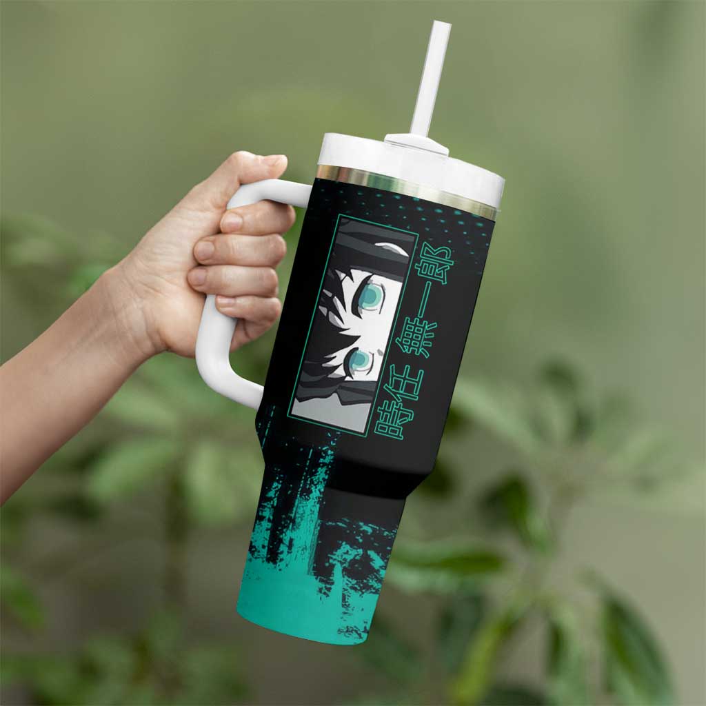 Muichiro Tokito Demon Slayer Green and Black Grunge Style Tumbler With Handle with Mist Hashira Eyes and Bold Typography - The Mazicc