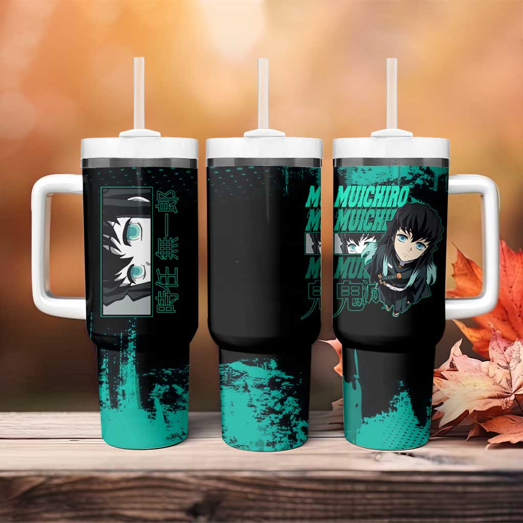 Muichiro Tokito Demon Slayer Green and Black Grunge Style Tumbler With Handle with Mist Hashira Eyes and Bold Typography - The Mazicc
