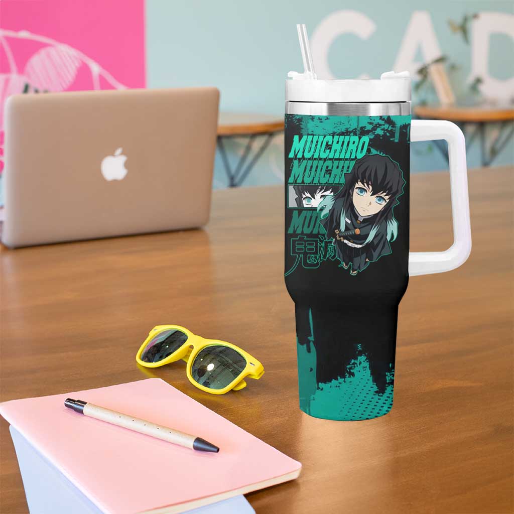 Muichiro Tokito Demon Slayer Green and Black Grunge Style Tumbler With Handle with Mist Hashira Eyes and Bold Typography - The Mazicc