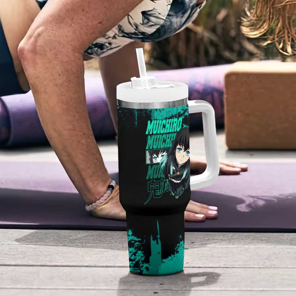 Muichiro Tokito Demon Slayer Green and Black Grunge Style Tumbler With Handle with Mist Hashira Eyes and Bold Typography - The Mazicc