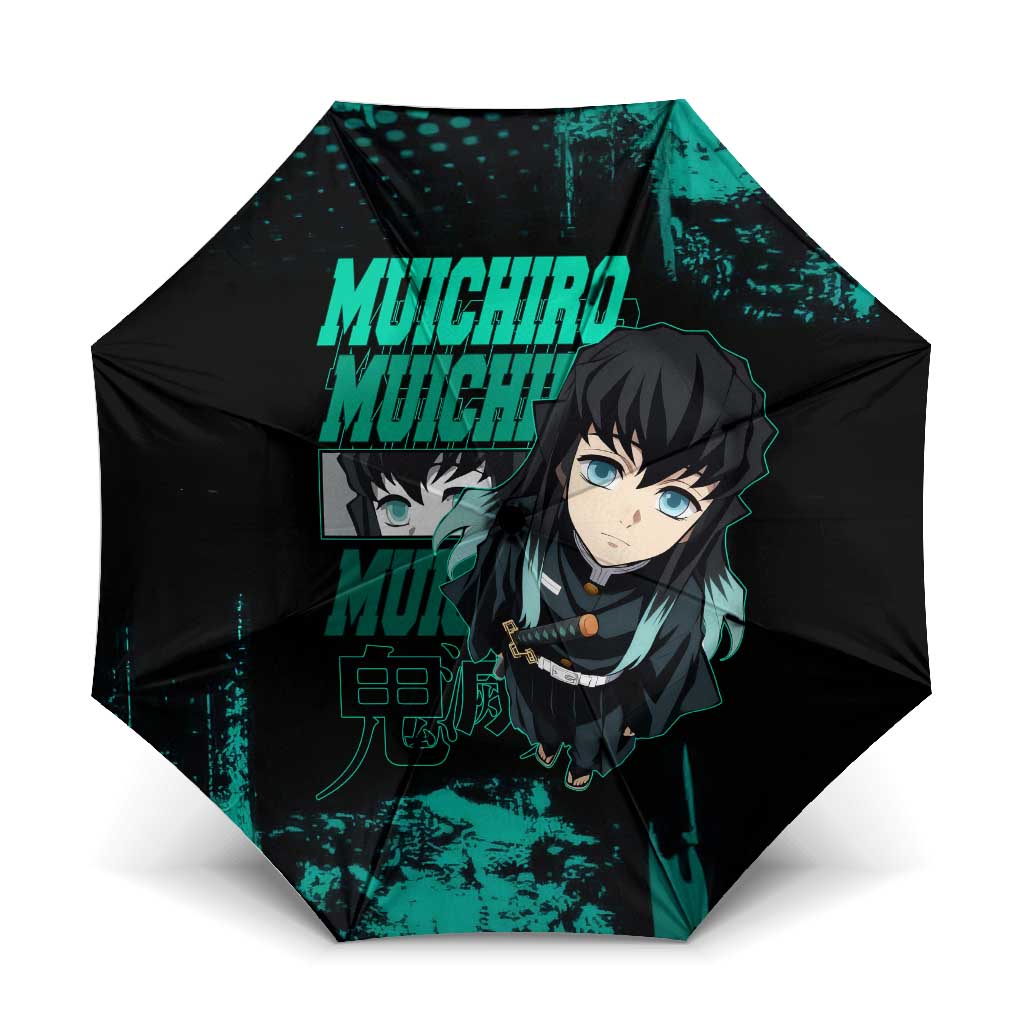 Muichiro Tokito Demon Slayer Green and Black Grunge Style Umbrella with Mist Hashira Eyes and Bold Typography - The Mazicc