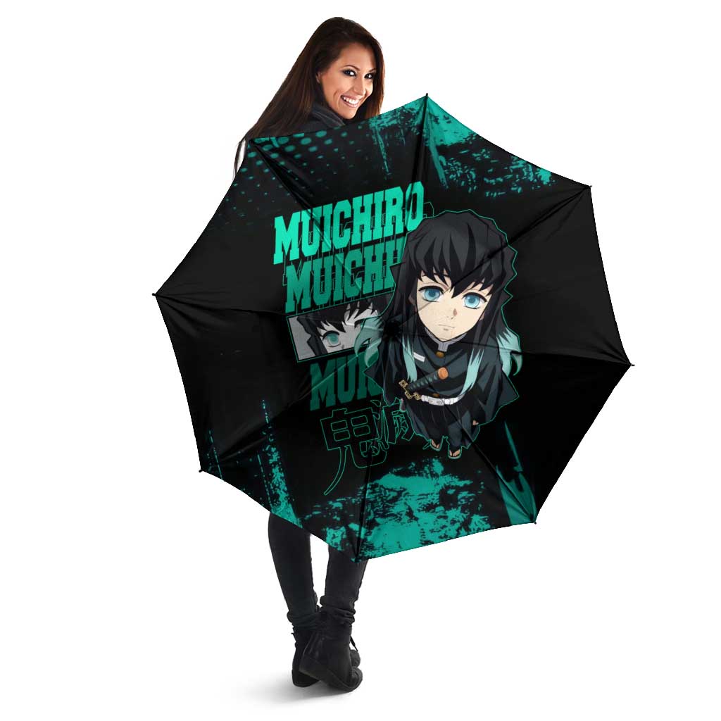 Muichiro Tokito Demon Slayer Green and Black Grunge Style Umbrella with Mist Hashira Eyes and Bold Typography - The Mazicc