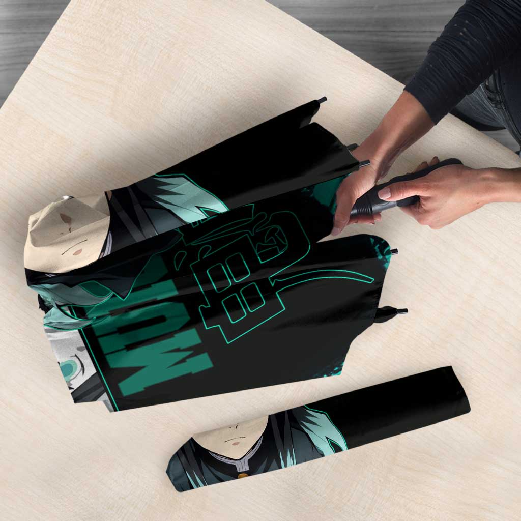 Muichiro Tokito Demon Slayer Green and Black Grunge Style Umbrella with Mist Hashira Eyes and Bold Typography - The Mazicc