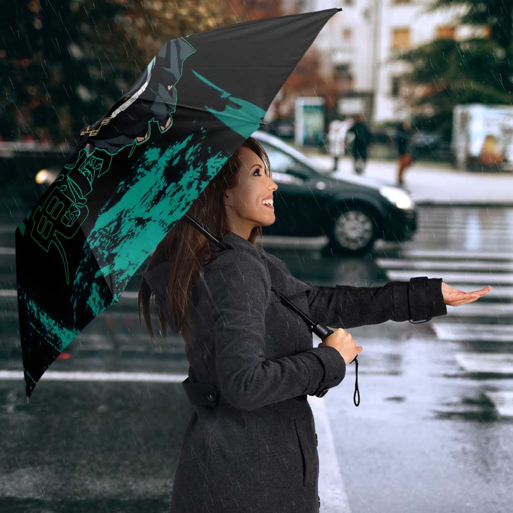 Muichiro Tokito Demon Slayer Green and Black Grunge Style Umbrella with Mist Hashira Eyes and Bold Typography - The Mazicc