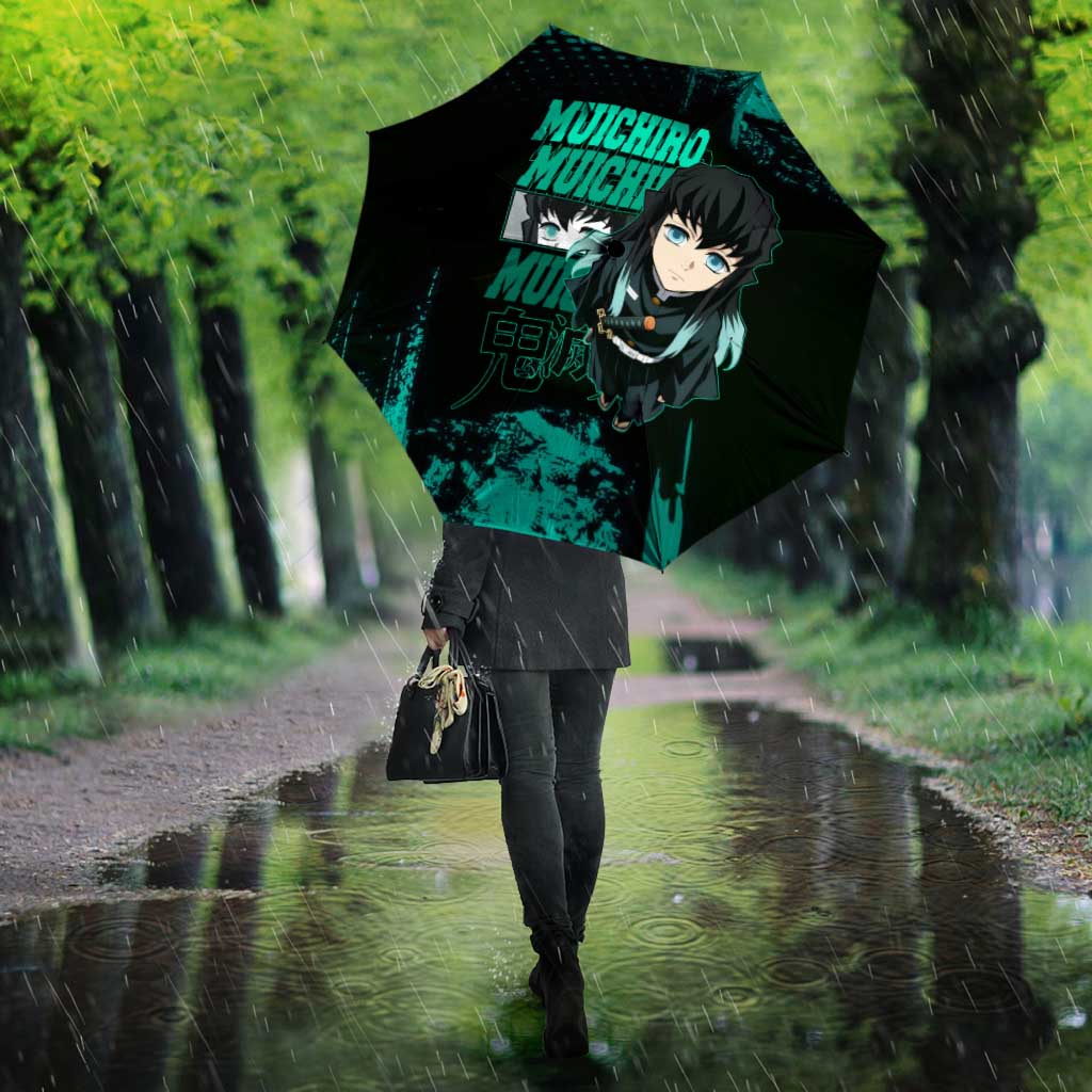 Muichiro Tokito Demon Slayer Green and Black Grunge Style Umbrella with Mist Hashira Eyes and Bold Typography - The Mazicc