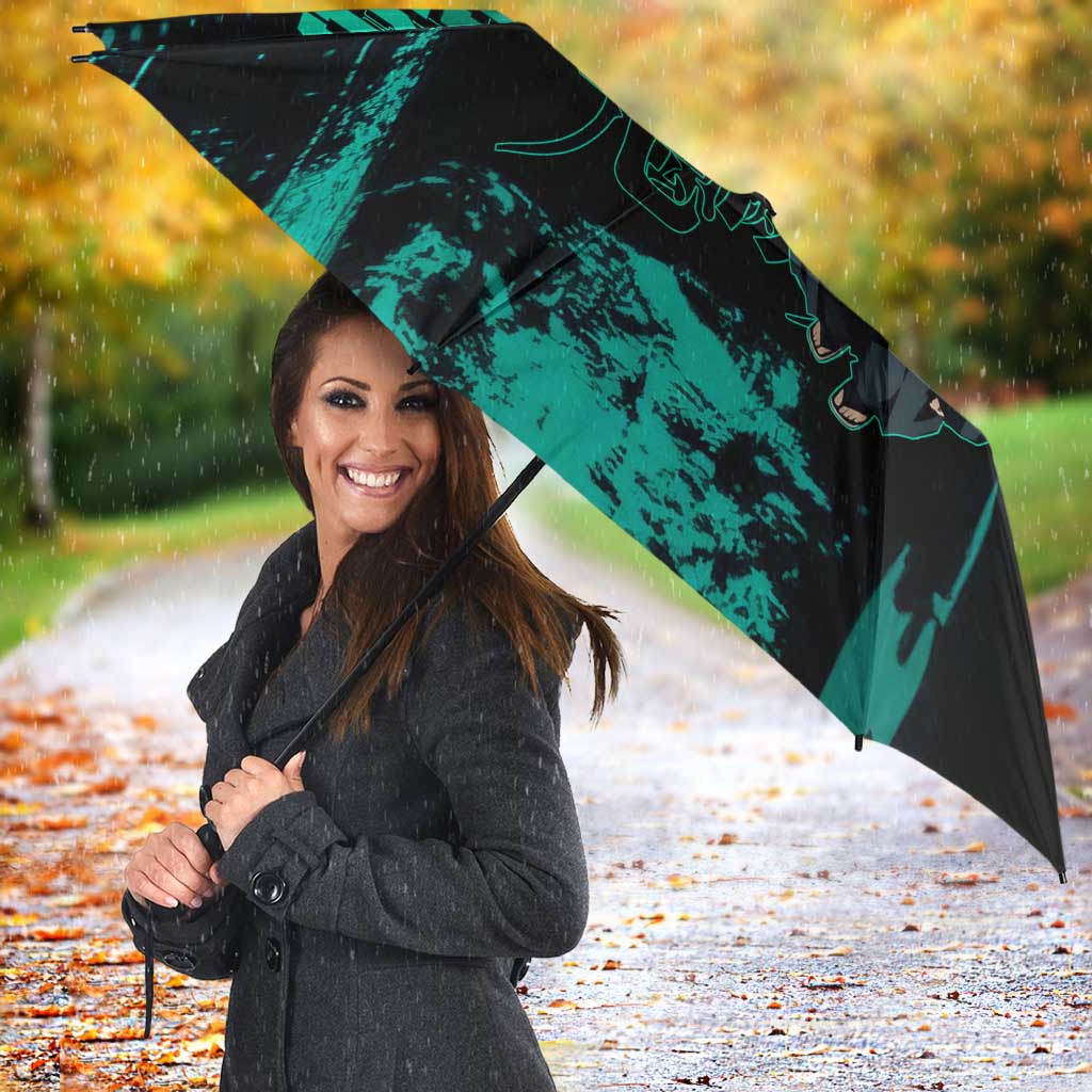 Muichiro Tokito Demon Slayer Green and Black Grunge Style Umbrella with Mist Hashira Eyes and Bold Typography - The Mazicc
