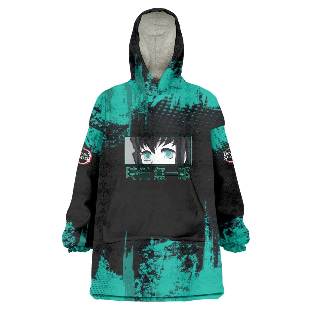 Muichiro Tokito Demon Slayer Green and Black Grunge Style Wearable Blanket Hoodie with Mist Hashira Eyes and Bold Typography - The Mazicc